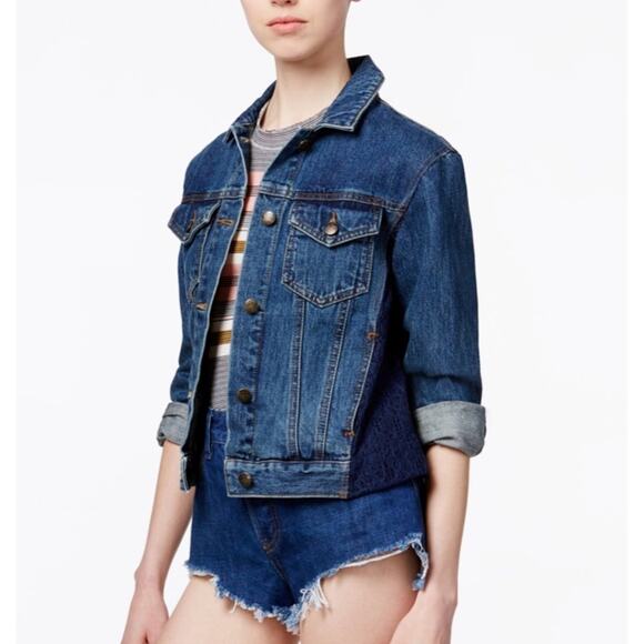 Free People Blue Lace Panel Denim Jean Jacket size small - Picture 1 of 10